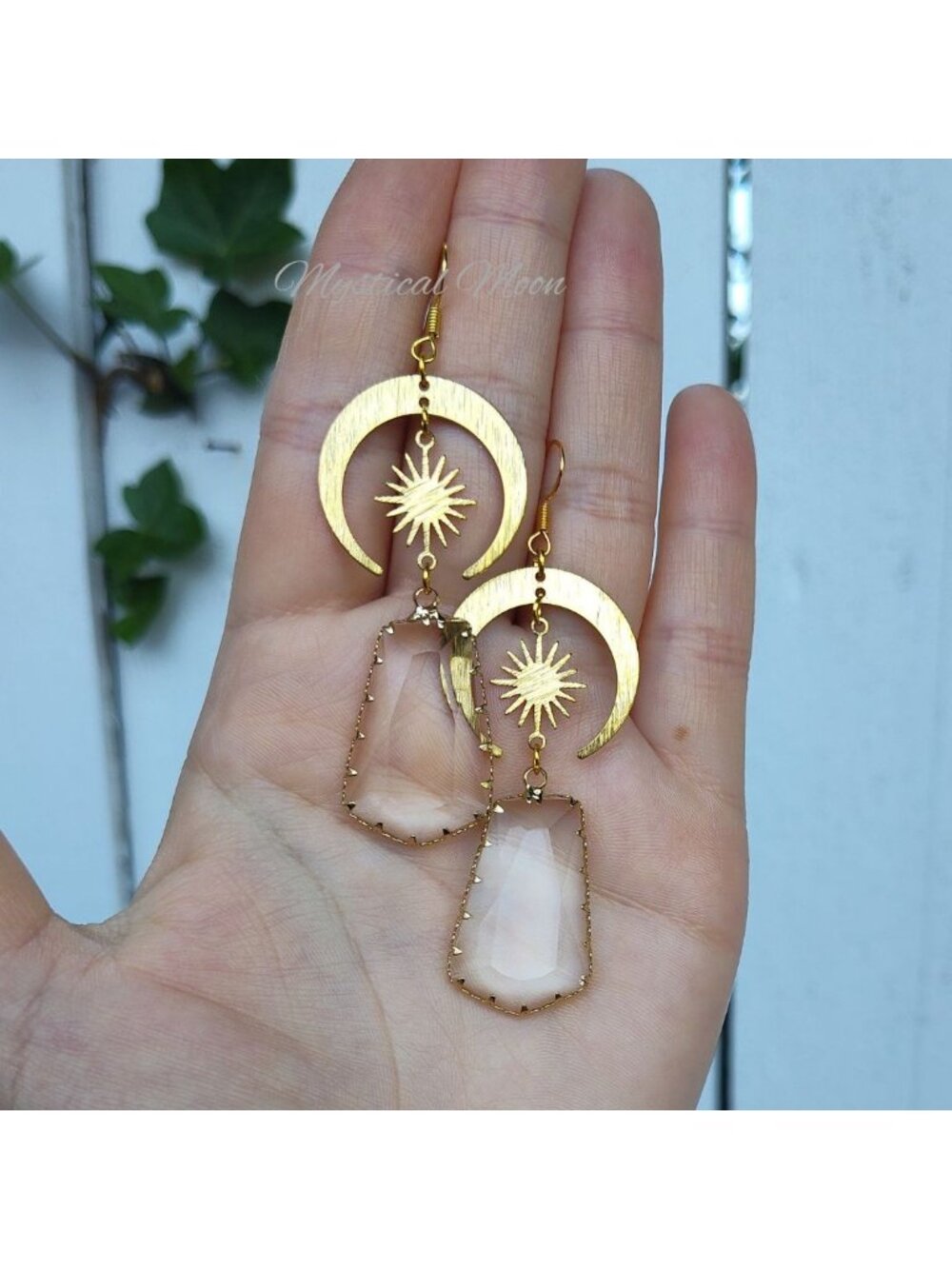 Elegant Crystal Glass Dangle Earrings with Crescent Moon and Star Whimsigoth